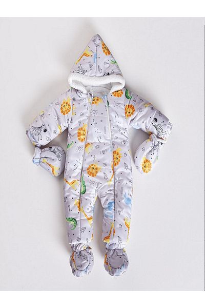 PODİUM GİYİM Children's Cosmonaut with Lion and Giraffe Print - Winter Jumpsuit with Removable Booties and Fur