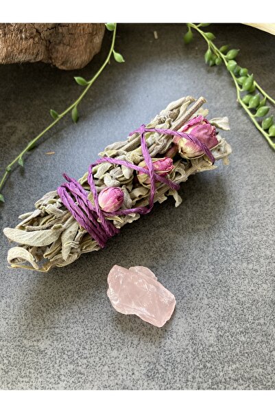 Doğaltaş PEMBE KUVARS VE GÜLLÜ ADAÇAYI DEMETİ, ENERJİ TEMİZLEME, MEDİTASYON, ...