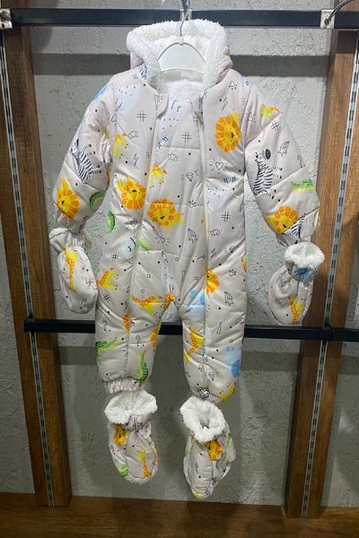 PODİUM GİYİM Children's Cosmonaut with Lion and Giraffe Print - Winter Jumpsuit with Removable Booties and Fur