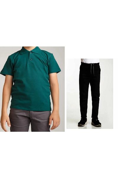 FATELLA Unisex children's school ribbed waist trousers - dark green short sleeve Polo collar t-shirt set of 2
