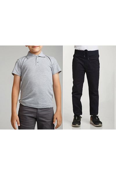 FATELLA Unisex children's school ribbed waist trousers - gray short sleeve Polo collar t-shirt set of 2