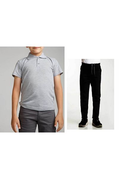 FATELLA Unisex children's school ribbed waist trousers - gray short sleeve Polo collar t-shirt set of 2
