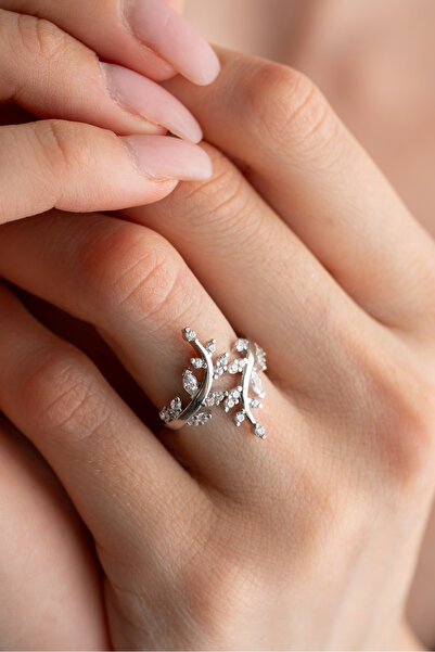 Nereze 925 Ayar Ayarlanabilir Zirkon Taşlı Rodyumlu Zeytin Dalı Gümüş Yüzük