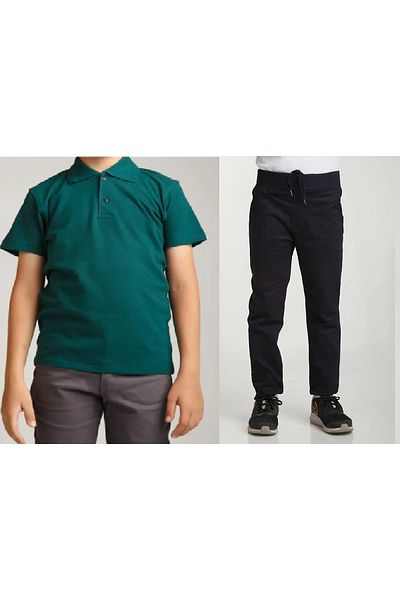 FATELLA Unisex children's school ribbed waist trousers - dark green short sleeve Polo collar t-shirt set of 2