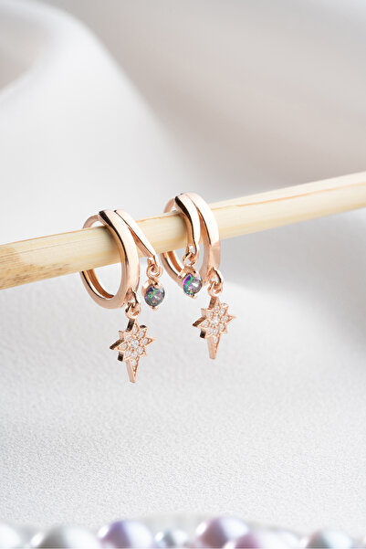 Nereze 925 Ayar Gümüş Rose Mistik Topaz Taşlı 12 Mm Kutup Yıldızı Küpe