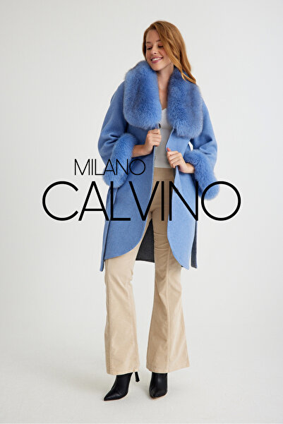 Milano Calvino Alpaka Yün Kumaş Kürklü Kadın Palto (BEBE MAVİ)