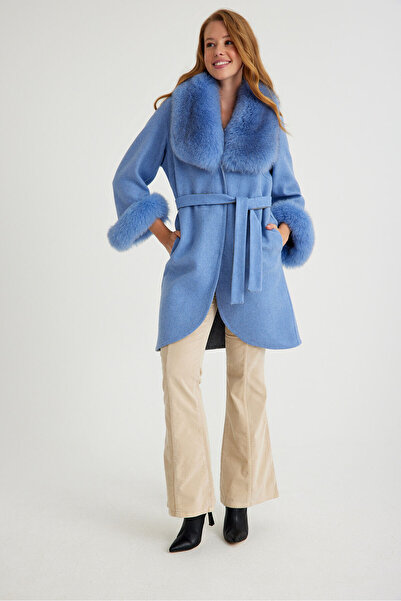 Milano Calvino Alpaka Yün Kumaş Kürklü Kadın Palto (BEBE MAVİ)