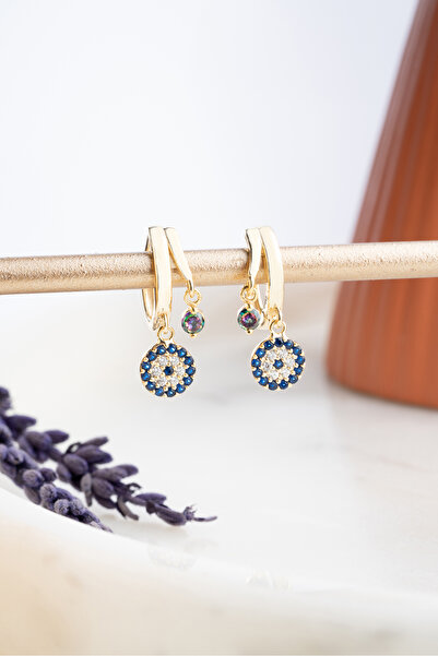 Nereze 925 Ayar Gümüş ; Gold Mistik Topaz Taşlı 12 Mm Nazar Küpe