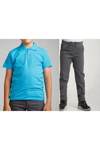 FATELLA Unisex children's school light gray ribbed waist pants - short sleeve Polo collar T-shirt 2-piece set