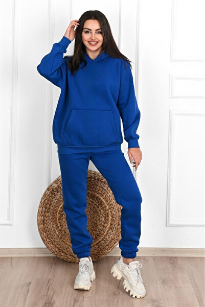 CLAYES Απλό Basic Σετ Φούτερ Jogger - Sax Blue Oversize Raised Hooded