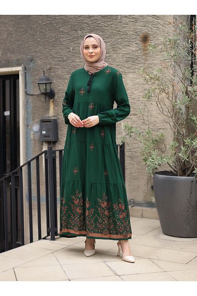 ZENANE Patterned Hijab Dress - Emerald Green - ZENANE
