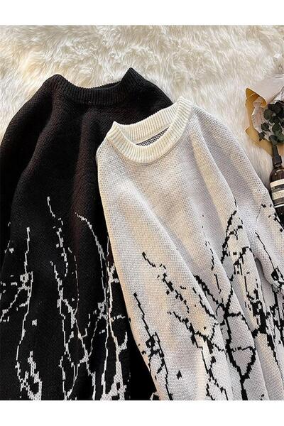 Touz Vintage Harajuku Flash Patterned Unisex Oversize Black Sweater