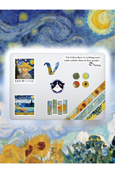 Katze Stickers Van Gogh Art Sanat Temalı Laptop Defter Tablet Valiz Sticker Seti