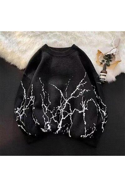 Touz Vintage Harajuku Flash Patterned Unisex Oversize Black Sweater