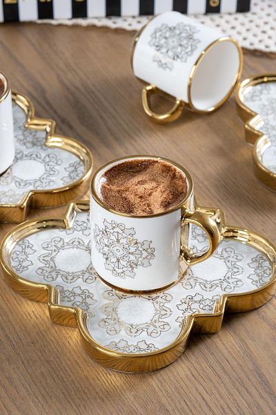 ACAR Amara Ethnic Daisy Pattern Gold Gilt 6 Person 90ml Porcelain Coffee Cup Set 0151