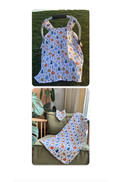 runbaby طقم موسلين يقطين معتمد من Oeko-tex مكون من 3 قطع (غطاء عربة الأطفال وشاح غطاء موسلين 100x120)
