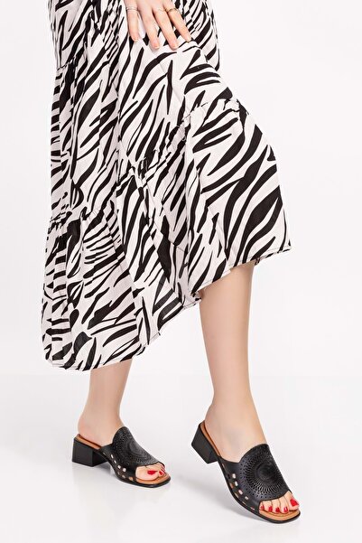 Gondol Hakiki Deri Lazerli Şık Topuklu Terlik Msa.1116