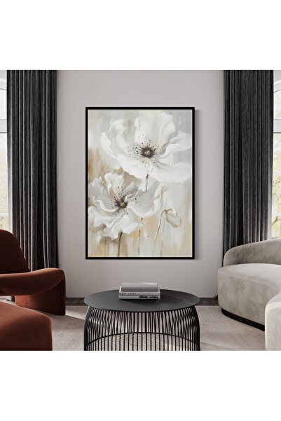 Markazip Beyaz Çiçek Siyah Metal Çerçeveli Kanvas Tablo 70x100cm H41