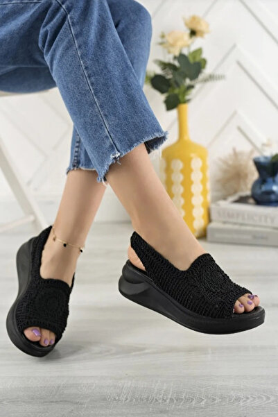 Yazın Ayakkabıları SİYAH ÖRGÜ DETAYLI ARKASI LASTİKLİ ORTOPEDİK TABANLI SANDALET