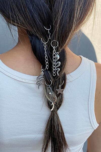 TAKIŞTIR Silver Color 8-Piece Colorful Snake and Moon, Star Figure Hair Earrings