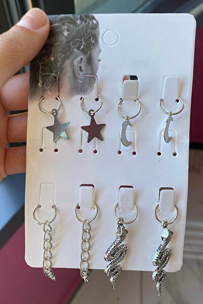 TAKIŞTIR Silver Color 8-Piece Colorful Snake and Moon, Star Figure Hair Earrings