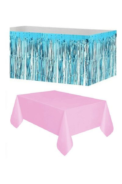 Dipak Μπλε μεταλλική φούστα τραπεζιού 90 × 350 cm Πλαστικό ροζ κάλυμμα τραπεζιού μιας χρήσης 120 × 180 cm
