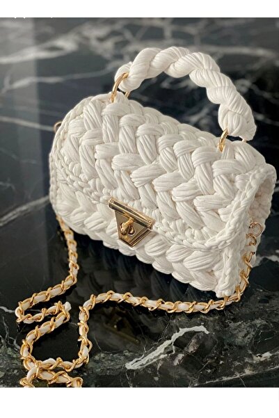 BARBARSHCA Kadın Renkli Fıstık Model El Yapımı Tığ İşi Penye Çanta El ,Omuz ve Çapraz Lüks Çanta 15x22