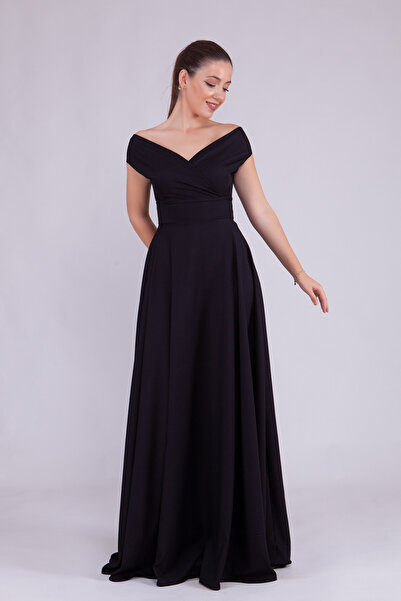 NO48 Rochie de seară neagră, lungime maxi, cu decolteu barcă, țesătură fluidă