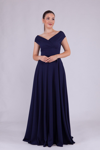 NO48 فستان سهرة من القماش المنسوج ذو الرقبة الطويلة باللون الأزرق الداكن