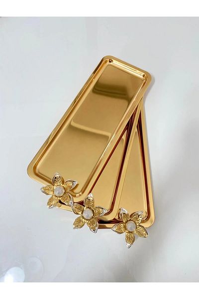 NEWTREND Züccaciye 6-Piece Lily Floral Luxury Stainless Steel Baton Serving, Tea, Coffee, Treat and Presentation Tray