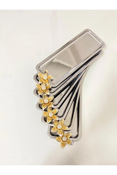 NEWTREND Züccaciye 6-Piece Lily Floral Luxury Stainless Steel Silver Baton Serving, Tea, Coffee, Catering and Presentation Tray