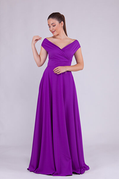 NO48 Пурпурна вечерна рокля с изпъкнали платове с дълга лодка и драпирана тъкан
