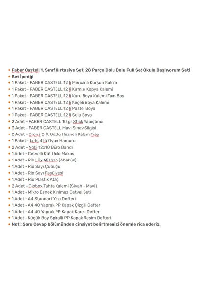 Faber Castell 1. Sınıf Kırtasiye Seti 28 Parça Full Set Okula Başlıyorum Seti