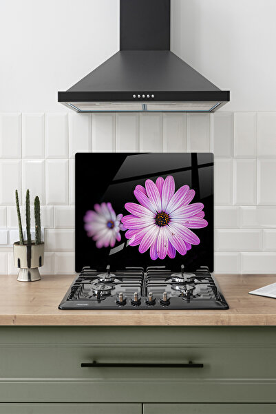 ALİN DİZAYN Cam Ocak Arkası Koruyucu | Mor Papatya | 52cm X 60cm