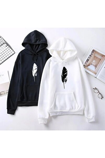 MYDARKSTYLE Unisex Oversize Feather Design Leaf Printed Hooded Sweatshirt