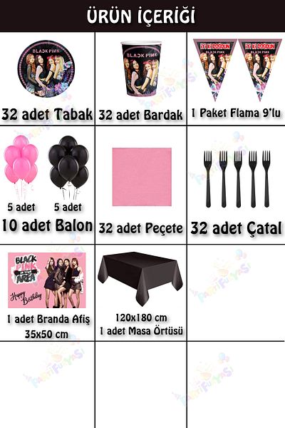 Parti Furyası Black Pink 32-Person Birthday Set with Banner Black Pink Party Supplies Set