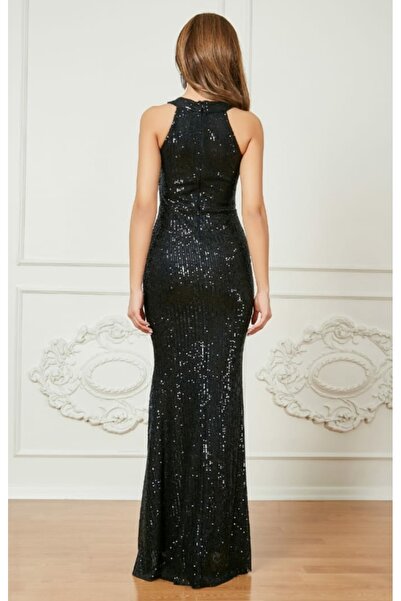 Hepsibitarz Kadın Siyah Pul Payetli Balık Model Abiye Elbise