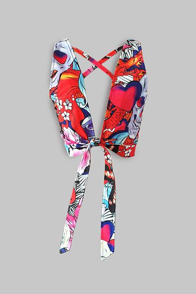 poupee Women's Crop, Women's Multicolored Bustier, Back Tie Crop Top, Women's Printed Bustier