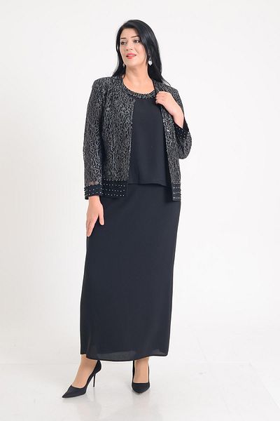 SpringStore Black Jacket Embroidered Skirt Large Size Set