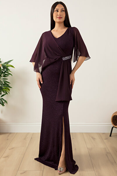 PULLIMM Beli Taş Detay Şifonlu Simli Elbise 39688