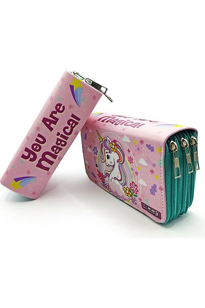 Limmy Ανοιξιάτικη Floral Unicorn Μολυβοθήκη Πράσινη kawai Organizer Μολυβοθήκη Vegan Δερμάτινη θήκη για στυλό τριών διαμερισμάτων- Y