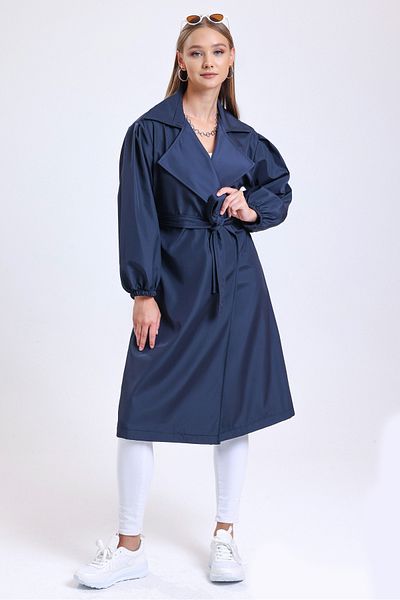 MD trend Trenci pentru damă, albastru bleumarin, cu buzunare duble, cu mânecă cu balon