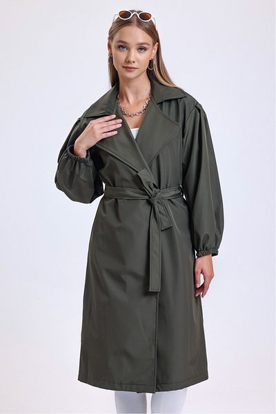MD trend Women's Khaki Double Pocket Balloon Sleeve Belted Trench Coat