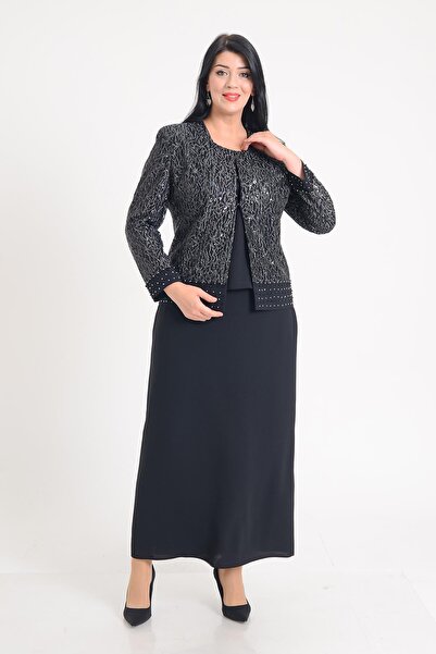 SpringStore Black Jacket Embroidered Skirt Large Size Set