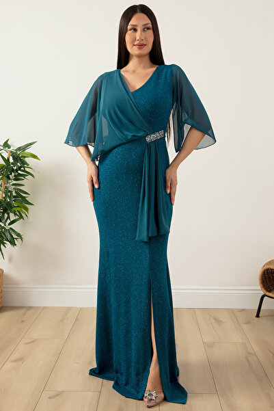 PULLIMM Beli Taş Detay Şifonlu Simli Elbise 39688