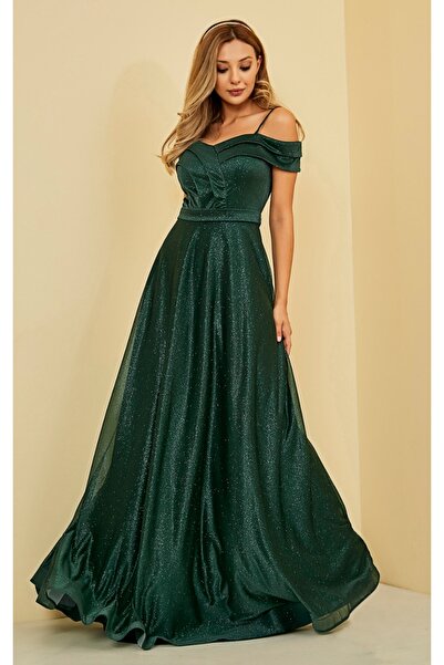 Hepsibitarz Kadın Yeşil Simli Askılı Abiye Elbise