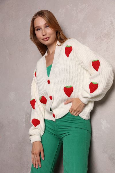 fujya Women's Cardigan Laser Cut Strawberry