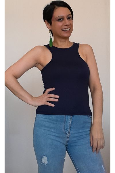 Mertcan Butik Navy blue cut out front and back window detailed combed cotton Viscose T-Shirt