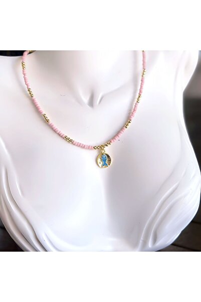 QUEEN AKSESUAR Trend moda tarz metal balık nazar boncuklu gold altın pembe uğ...