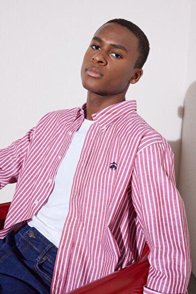 BROOKS BROTHERS Erkek Kırmızı-beyaz Regular Fit Keten Karışımlı Düğmeli Yaka ...